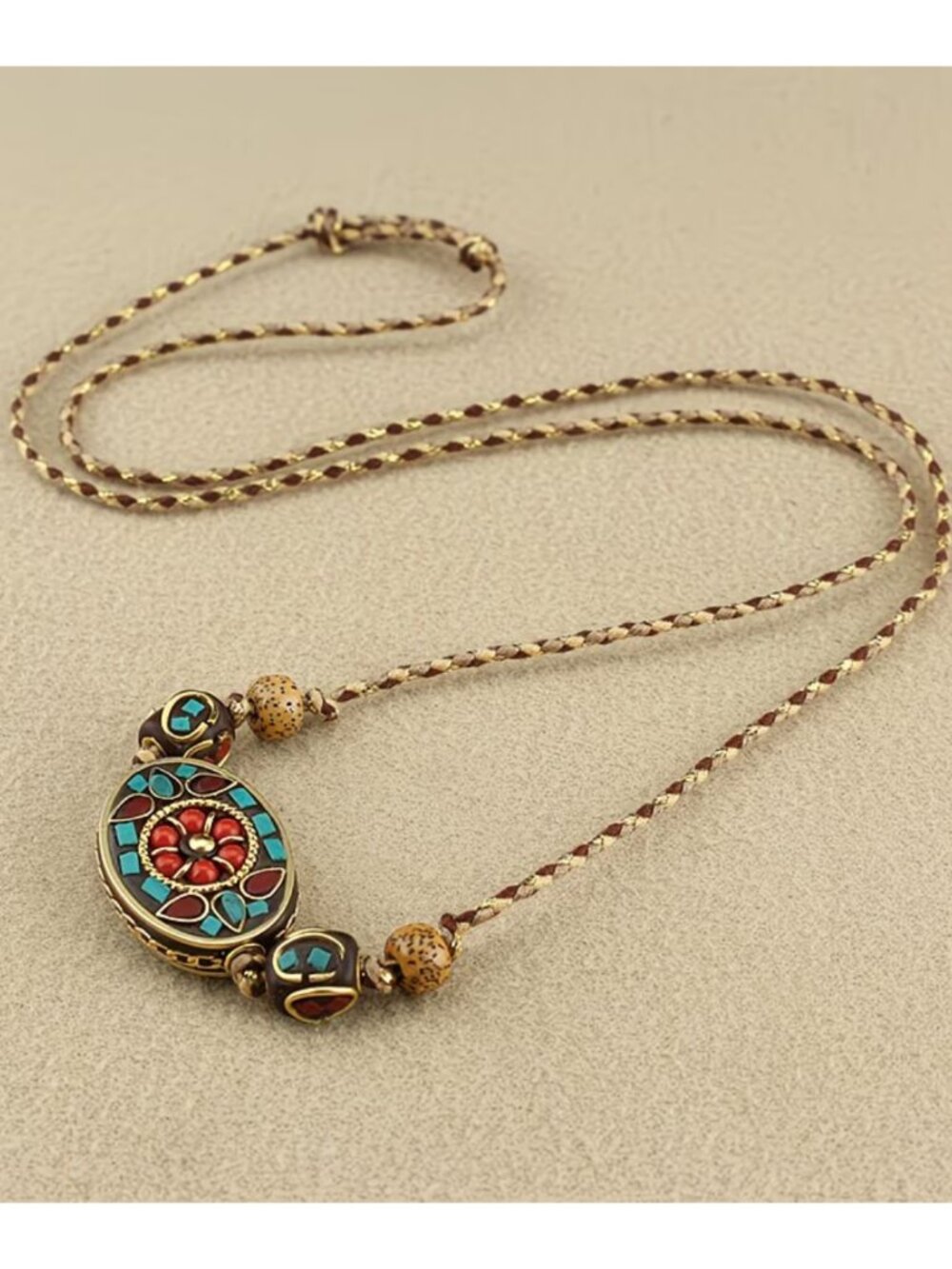 Handcrafted Nepalese Bead Pendant Adjustable Braided Two-Tone Cord Necklace